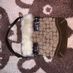COACH Canvas Suede Fur Trim Shoulder Handbag